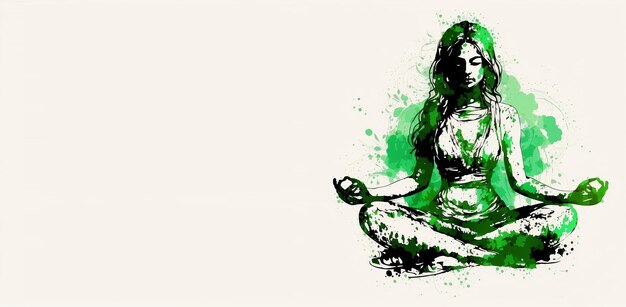 21 June international yoga day green woman in lotus yoga pose with copy space for text Generative ai