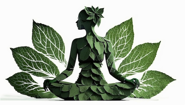 21 June international yoga day woman made with green leaves in yoga pose Generative ai