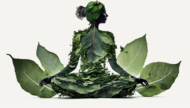 21 June international yoga day woman made with green leaves in yoga pose Generative ai