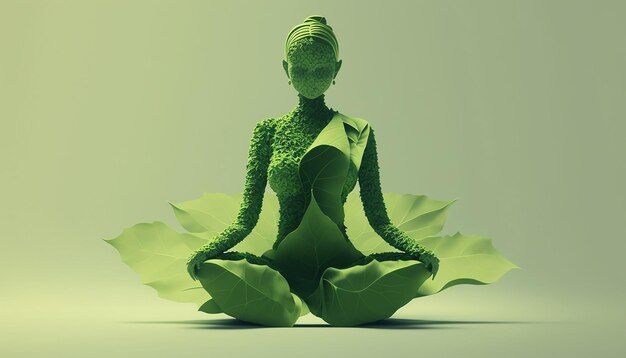 21 June international yoga day woman made with green leaves in yoga pose Generative ai