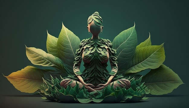 21 июня международный день йоги женщина из зеленых листьев в позе йоги Generative ai