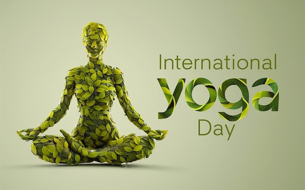 Photo 21 june international yoga day woman made with green leaves in yoga pose generative ai