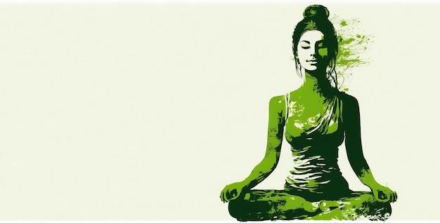 21 juni internationale yogadag groene vrouw in lotus yoga pose met kopie ruimte voor tekst Generative ai