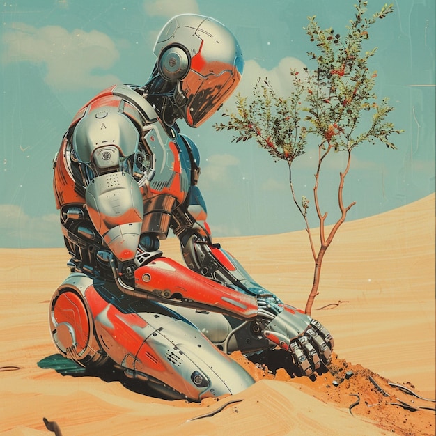 Foto 2100s sci-fi illustratie een zilveren en rode humano generatieve ai