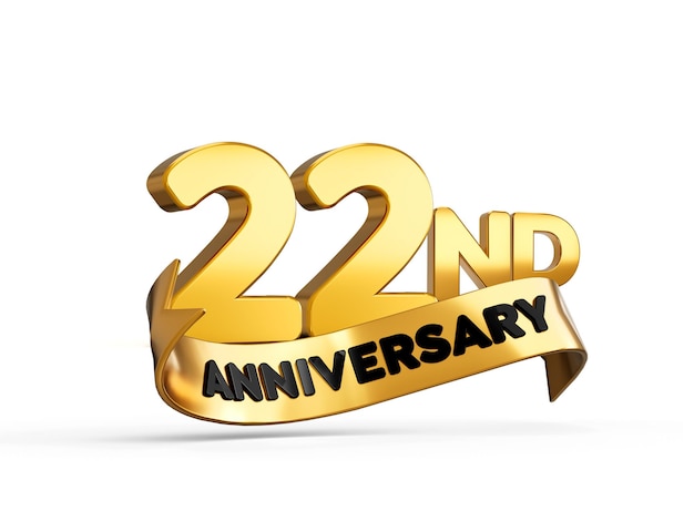 Photo 22nd or twenty second anniversary in gold on white background with shadow 3d illustration