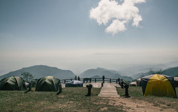 23 November 2020 Chiang Mai, Thailand, camp under a pine forest at Mon Son view point Doi Pha Hom Pok National Park, Doi Ang Khang, a natural landmark and popular natural attractions in Thailand.