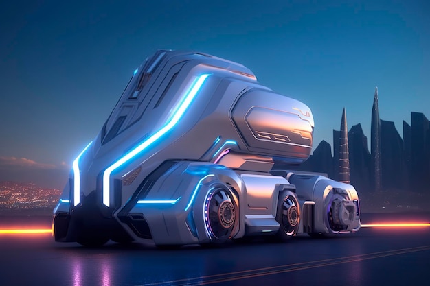 23rd century futuristic truck with hyper modern drive wide angle lens and futuristic skyscraper in the background