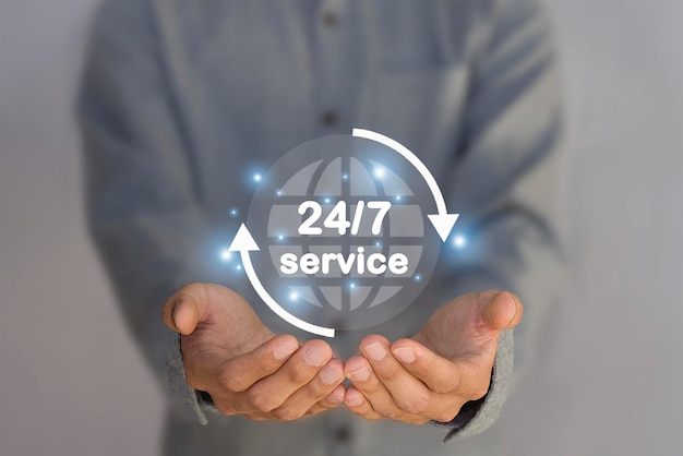 Foto il concetto di negozio online di servizio 247 servizio online con accesso al servizio clienti globale 247