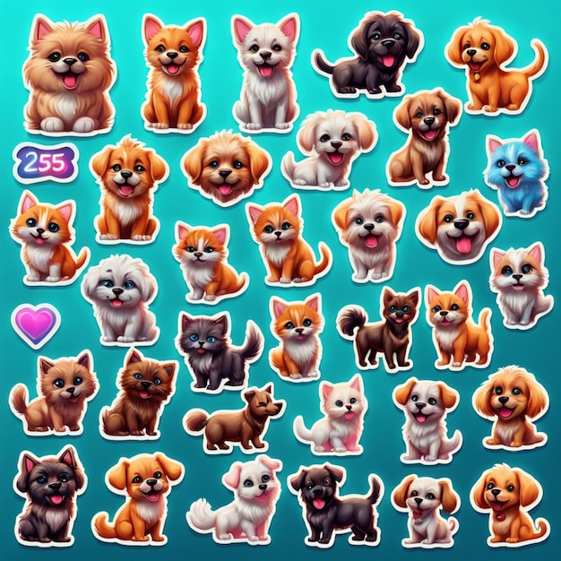 25 icoontjes realistisch verschillende katten- en hondenrassen stickerontwerp met snijmerken levendig gloeiend 4