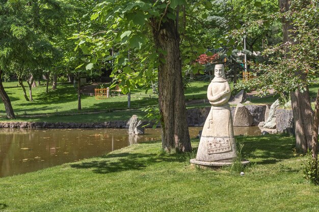 25 May 2021 Yerevan Armenia Armenian woman statue in Boghossian gardens or Lovers Park in center of Yerevan city