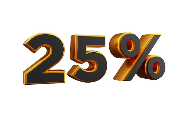 25 percent golden 3d font illustration. 3D golden twenty five percent illustration.