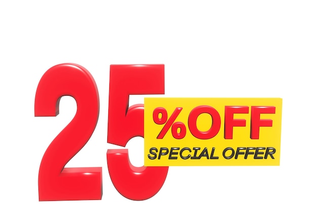 Photo 25 percent off 3d illustration in red with white background with special offer sign and copy space