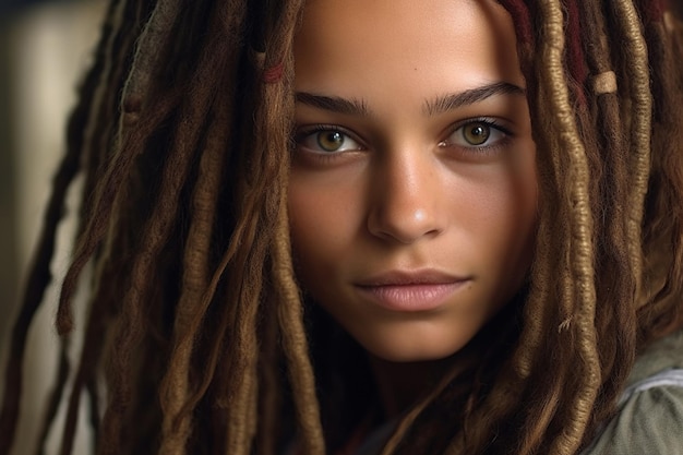 A 25 year old caucasian woman with a dreadlocks and strikingly pretty face captivates with her sensual gaze and mysterious expression Generative AI