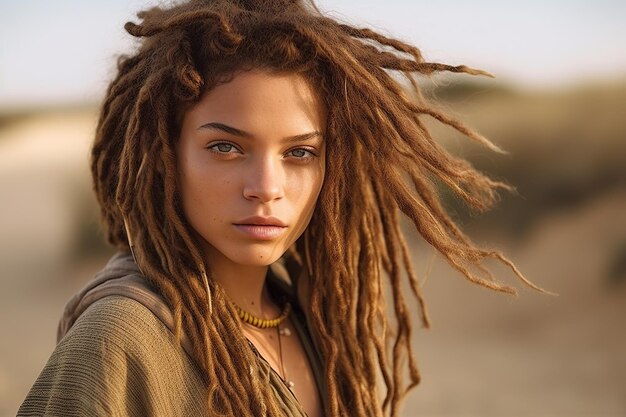 A 25 year old caucasian woman with a dreadlocks and strikingly pretty face captivates with her sensual gaze and mysterious expression Generative AI