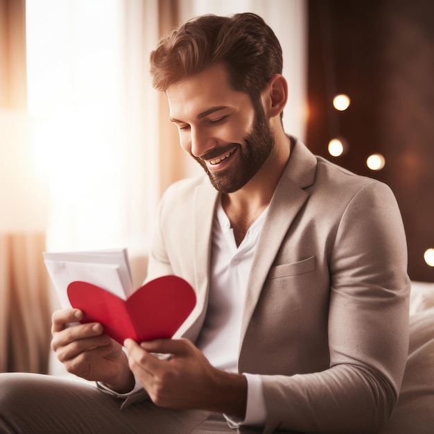 발렌타인 카드를 읽는 25세 남성