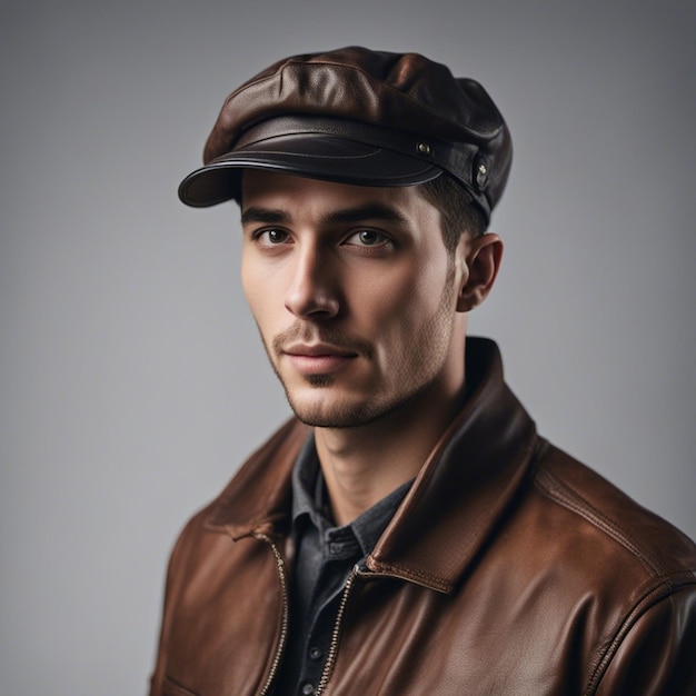 Photo a 25 years old romanian young man portrait wrinkled in a leather miner cap white background