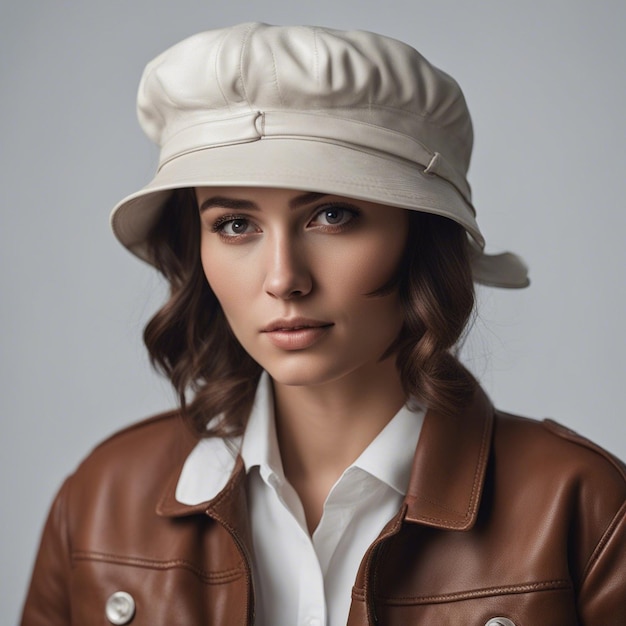 Photo a 25 years old romanian young woman's portrait wrinkled in a leather miner cap white background