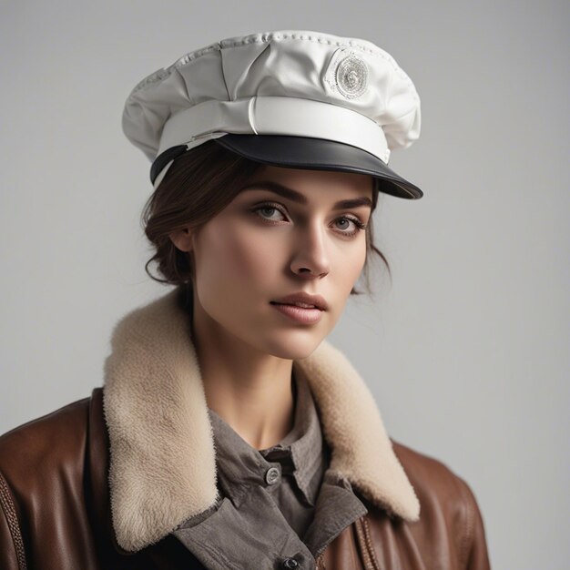 Photo a 25 years old romanian young woman's portrait wrinkled in a leather miner cap white background