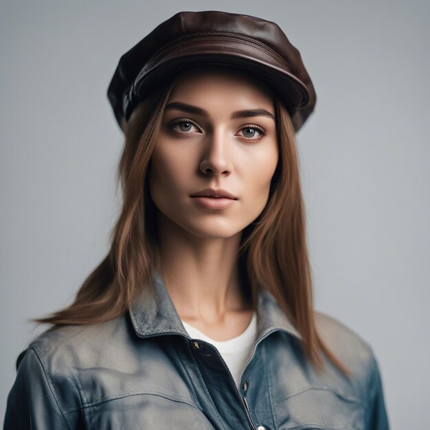 A 25 years old romanian young woman's portrait wrinkled in a leather miner cap white background