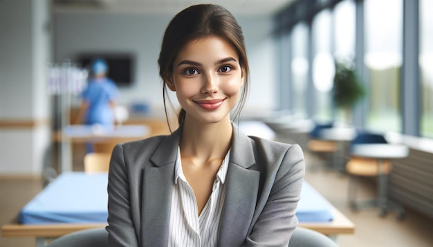 25yearold businesswoman smiling with her hair tied back standing in a hopital