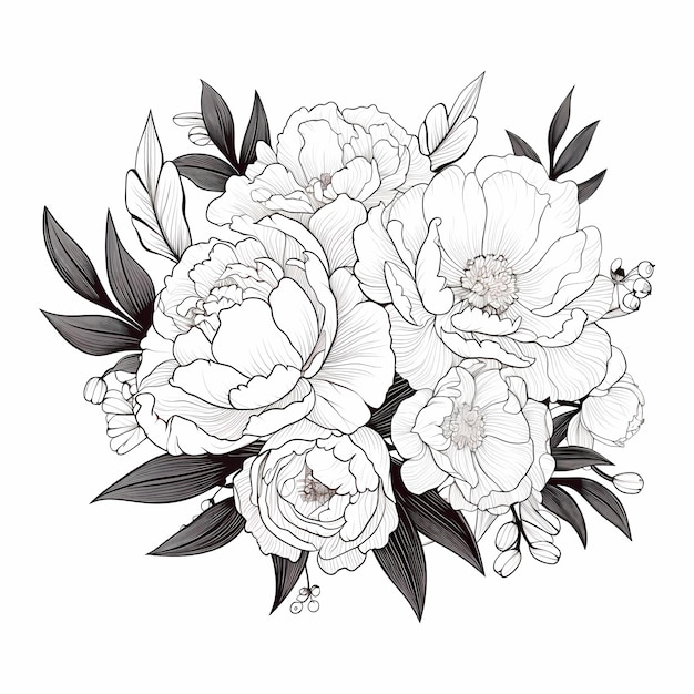 Photo 26 art print of peonies line art in black tattoo style