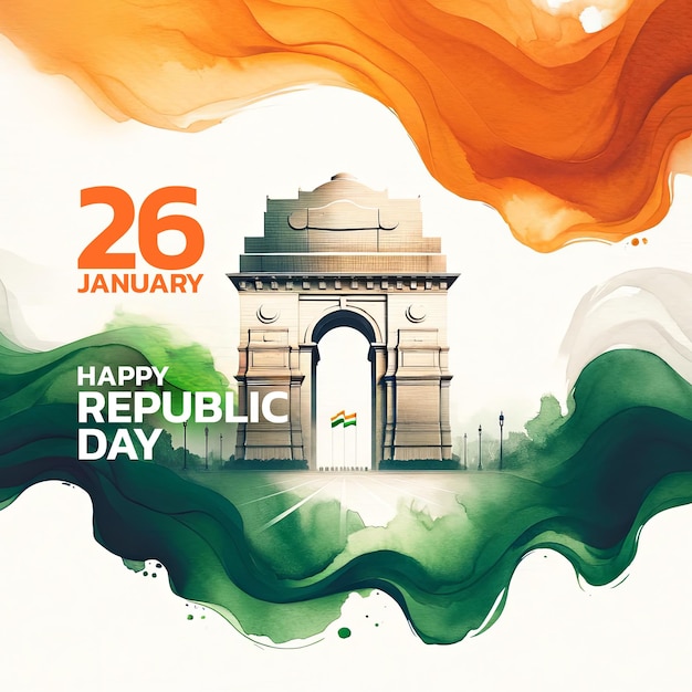 26 januari Indiase Dag van de Republiek Viering Aquarel Indiase vlag Waves India Gate