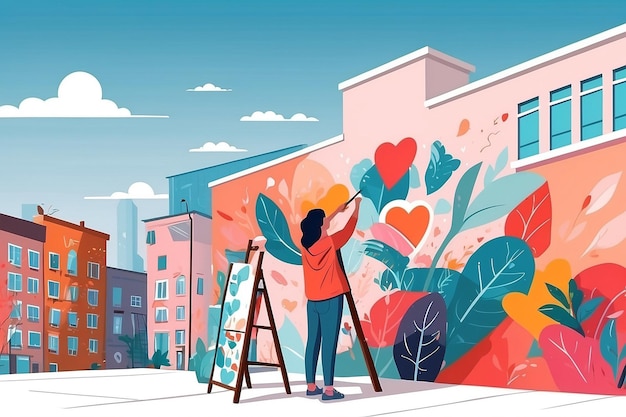 26 Ontwerp een vector van een persoon die een selflove-muurschildering op een stadsmuur schildert