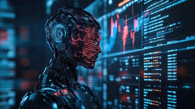 27 binary code cascading into a robot s head while stock charts are projected around it ai data processing algorithmic trading data streams