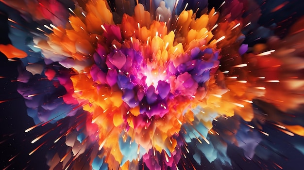 爆発的な色のハートの爆発を特徴とする 2D 抽象キャンバス