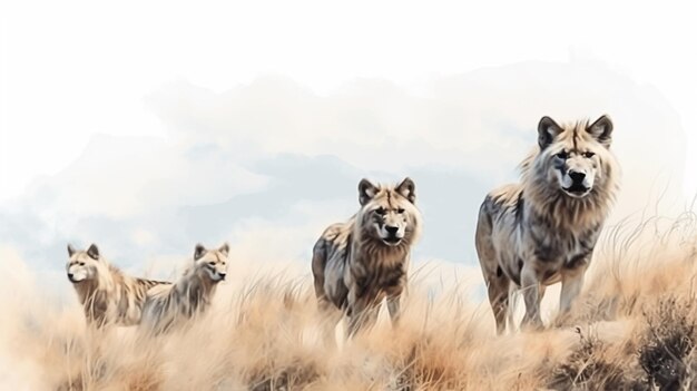 2D アブストラクト ウォーターカラー スタイル サバンナに囲まれたオオカミの群れ ジェネレーティブ アイ