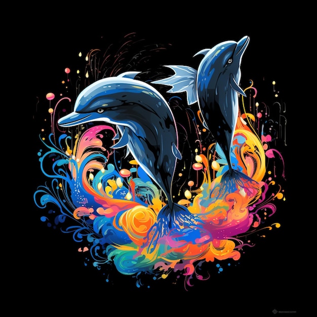 2D abstracte veer graffiti paren dolfijn omringd door kleurrijke splah water mascotte voor tshirt