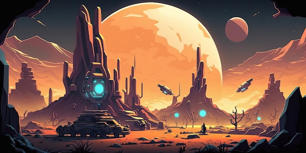 2D Alien Planet-achtergrondomgeving voor een mobiel spel in een gevechtsarena Generatieve ai