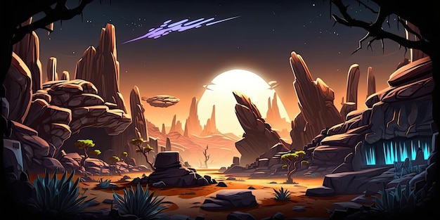 Фоновая среда 2D Alien Planet для мобильной игры на боевой арене Generative ai