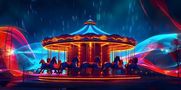 2D animated carousel with horses in amusement park setting flat color style Concept Amusement Park Illustration 2D Animation Carousel with Horses Flat Color Style Fun Fair Design