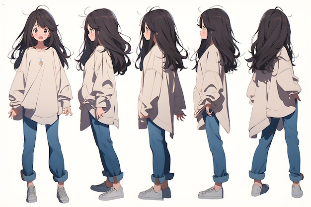 2D Anime Character Concept Art Turnaround Sheet met verschillende stijlen, mode en kleding