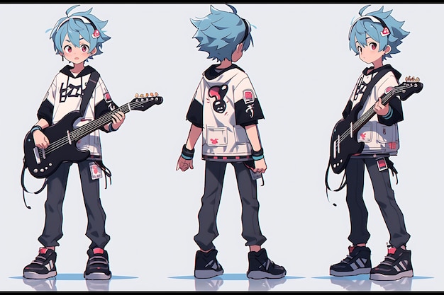 2D-концептуальный арт-персонаж аниме, демонстрирующий различные стили, моду и одежду