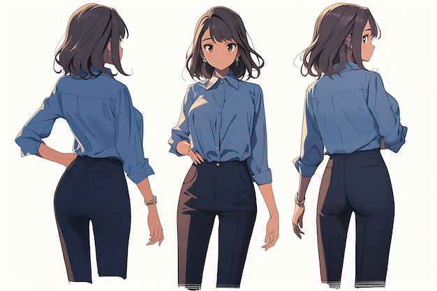 2D-концептуальный арт-персонаж аниме, демонстрирующий различные стили, моду и одежду