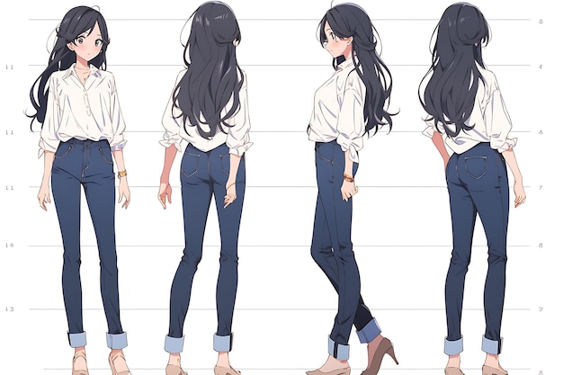 2D Anime Character Concept Art Turnaround Sheet Showcasing Different Styles Fashion and Clothing