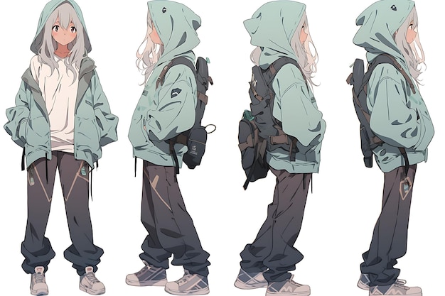 2D Anime Character Concept Art Turnaround Sheet Showcasing Different Styles Fashion and Clothing