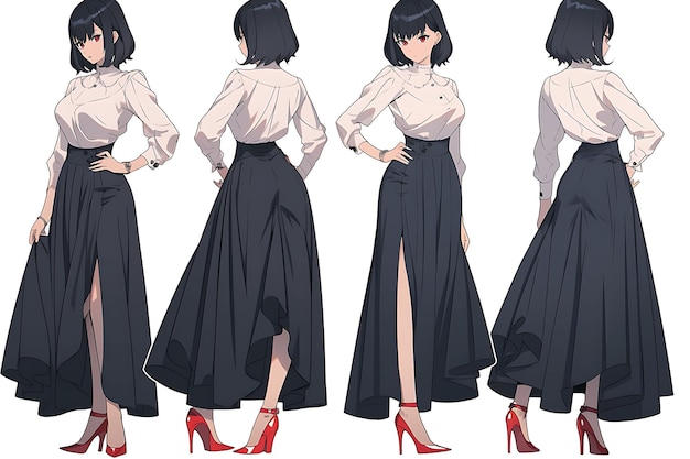 さまざまなスタイルのファッションと衣類を紹介する 2D アニメ キャラクター コンセプト アート ターンアラウンド シート