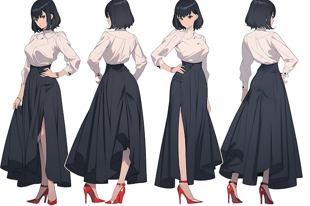 2D Anime Character Concept Art Turnaround Sheet Showcasing Different Styles Fashion and Clothing