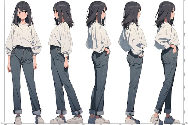 Foto foglio di consegna di concept art di personaggi anime 2d che mostra diversi stili di moda e abbigliamento