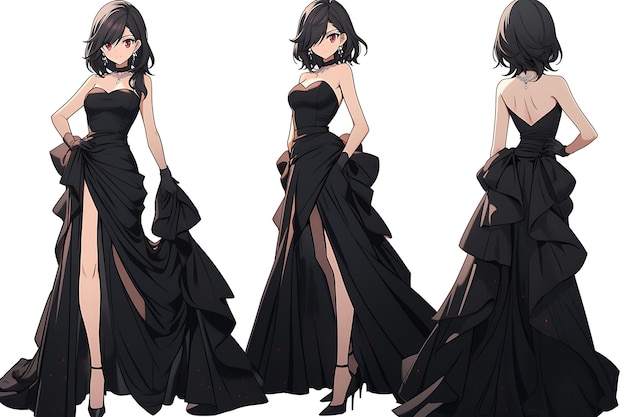 さまざまなスタイルのファッションと衣類を紹介する 2D アニメ キャラクター コンセプト アート ターンアラウンド シート