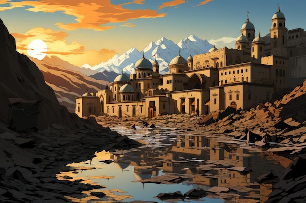 2d Anime image of the abstract city of Kabul excellent 2D illustration