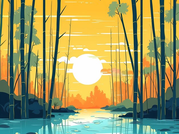 2d bamboo forest daylight landscape background vector blue sky flat vector