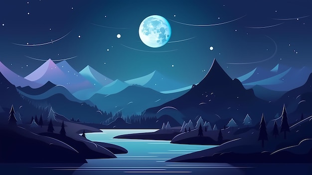 2d berg nacht landschap achtergrond vector blauwe lucht plat vector gegenereerde ai