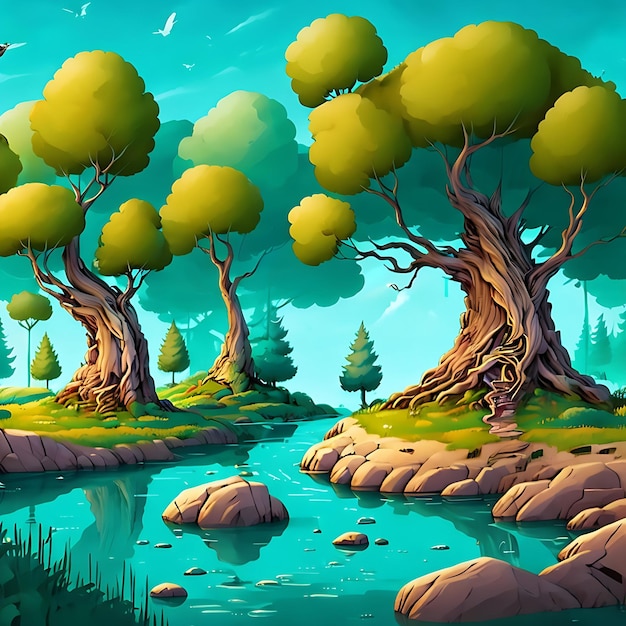 2d cartoon baceground forest 2d cartoon field tree river and nature