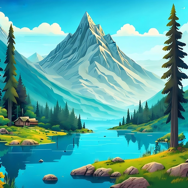 2D 만화 배경과 자연 언덕 산