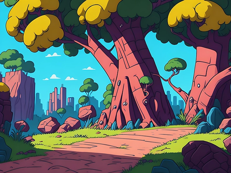 Photo 2d cartoon background and nature hill mountain