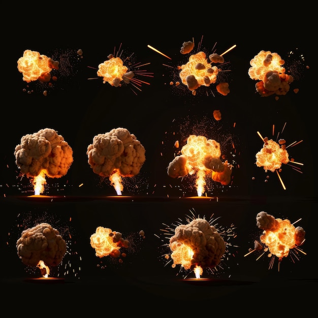 Photo a 2d cartoon set of blast effects from the explosion of dynamite or rockets a 2d cartoon set of blast effects is isolated on black